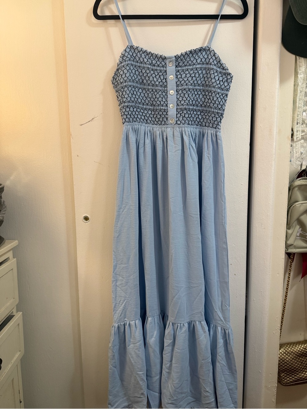 Cupshe Light Blue Smocked Midi Dress with Buttons
